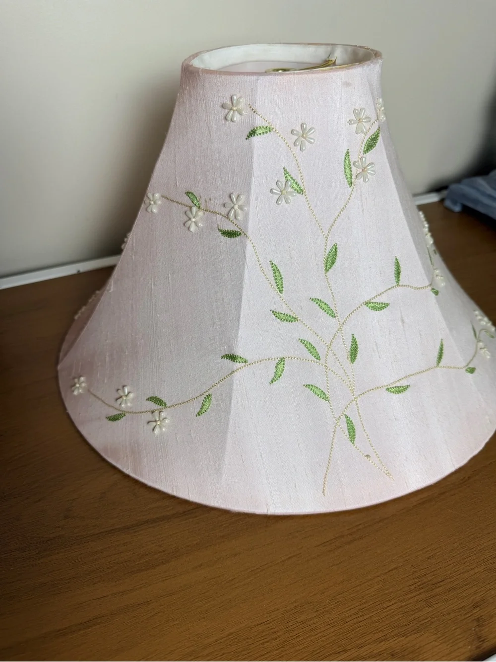 Vintage Cottagecore Pink Shantung Beaded Lamp Shade Shabby Chic, Nursery